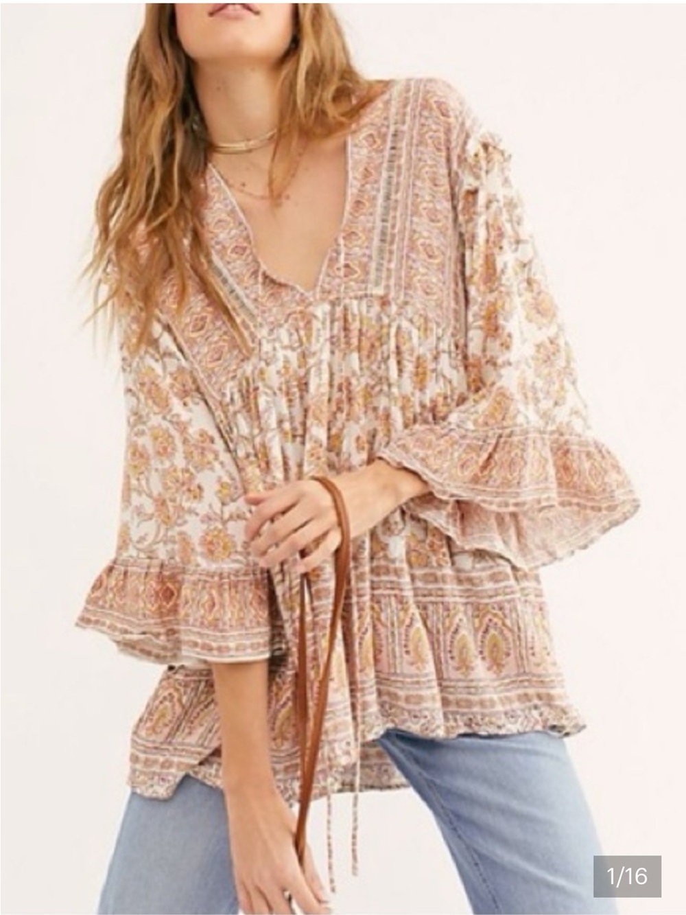 NWT Free People Moonlight Dance Printed Tunic Top Boho Ivory Pink Combo SIZE M